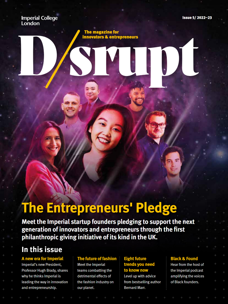 Dr Kalentzi on the cover of Imperial College London 'D/srupt - The magazine for innovators and entrepreneurs'